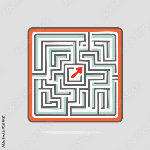 A square maze with light blue-gray walls and a red border, featuring a red arrow pointing to its center.