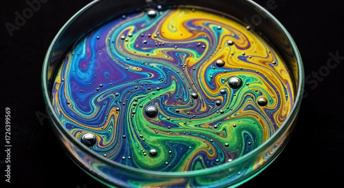 Extreme Macro of Iridescent Liquids Swirling in a Petri Dish with High Contrast