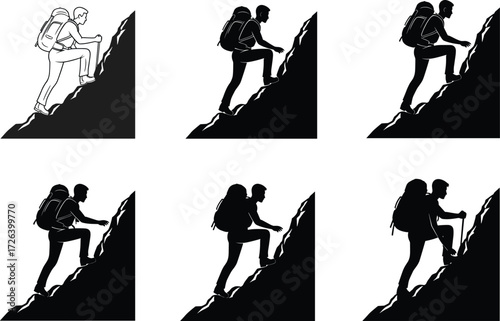 Hiker silhouette, climbing pose, mountain ascent, outdoor adventure, backpack gear, black vector, steep slope, trekking action, hiking illustration, explorer