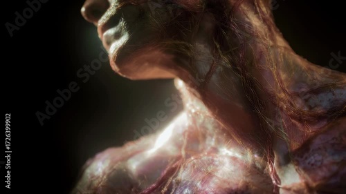 A cinematic close-up animation of a human body with visible organic textures, veins, and neural patterns. Abstract surreal medical and biotech visualization in artistic style. Mental health.