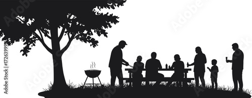 Silhouette of family barbecue picnic outdoors, people grilling food, enjoying meal, summer gathering, friends together, lifestyle illustration, nature background