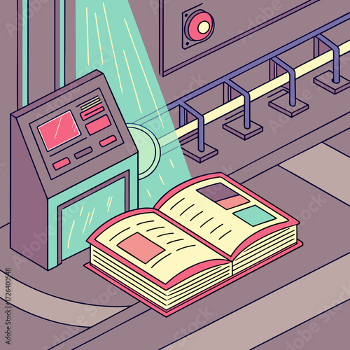 Vector illustration of an open book inside an automated printing machine, symbolizing modern publishing, digital printing, and advanced book production technology.