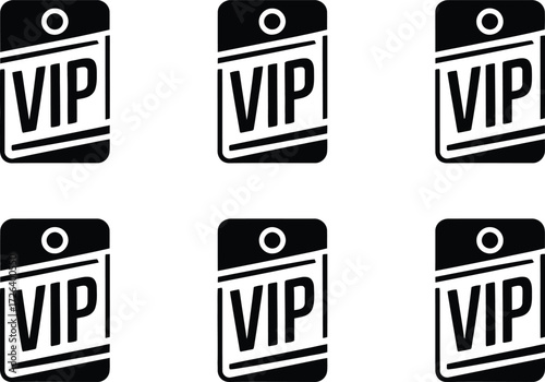 Six Black and White VIP Pass Icons on a White Background