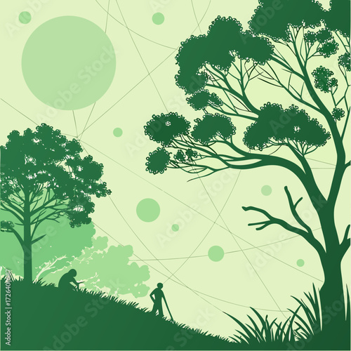Vector illustration of people in a natural landscape with trees, grass, and sunlight silhouettes, symbolizing environment, ecology, relaxation, and outdoor lifestyle