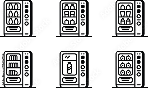 Set of six vending machine icons with various products