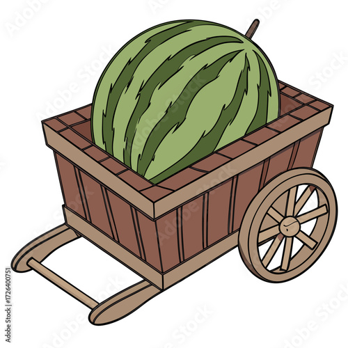Colorful vector illustration of a large green watermelon placed in a rustic wooden cart. Perfect for food, farming, agriculture, harvest, and fresh fruit design projects