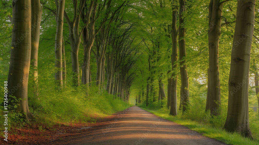 Obraz premium Straight dirt road lined with lush green trees in a sun-dappled forest path