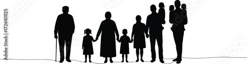 Silhouette of multigenerational family standing together, grandparents, parents, and children illustration, black outline vector, family unity, bonding, generational love concept