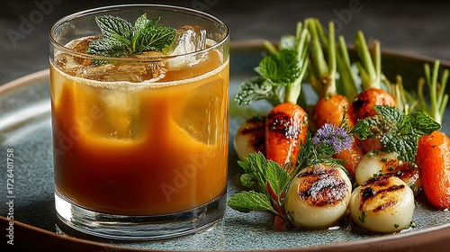 Orange drink with ice and mint beside grilled vegetables on a plate.