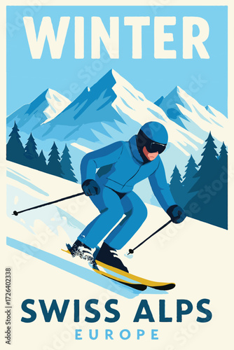 Blue-clad skier powers through snowy Swiss Alps, framed by towering peaks and pine trees. A vintage travel poster evokes winter sports, adventure, and outdoor exploration across Europe.