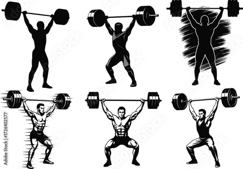 Olympic weightlifting silhouette, clean and jerk, snatch pose, strength training, barbell lift, fitness motion, isolated vector illustration, athlete