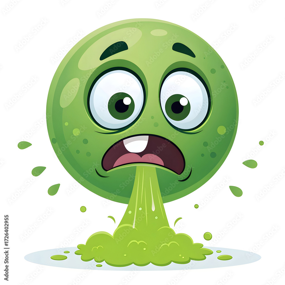 Fototapeta premium An emoji-style face vomiting green liquid, isolated on a white background, symbolizing nausea,