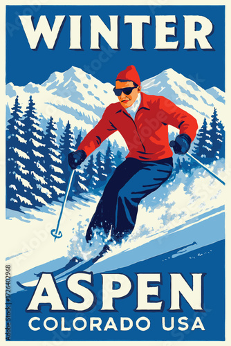 Classic winter sports poster showcasing a skier carving through fresh snow with pine trees and snowcapped peaks, delivering bold retro vibes and Colorado outdoor adventure.
