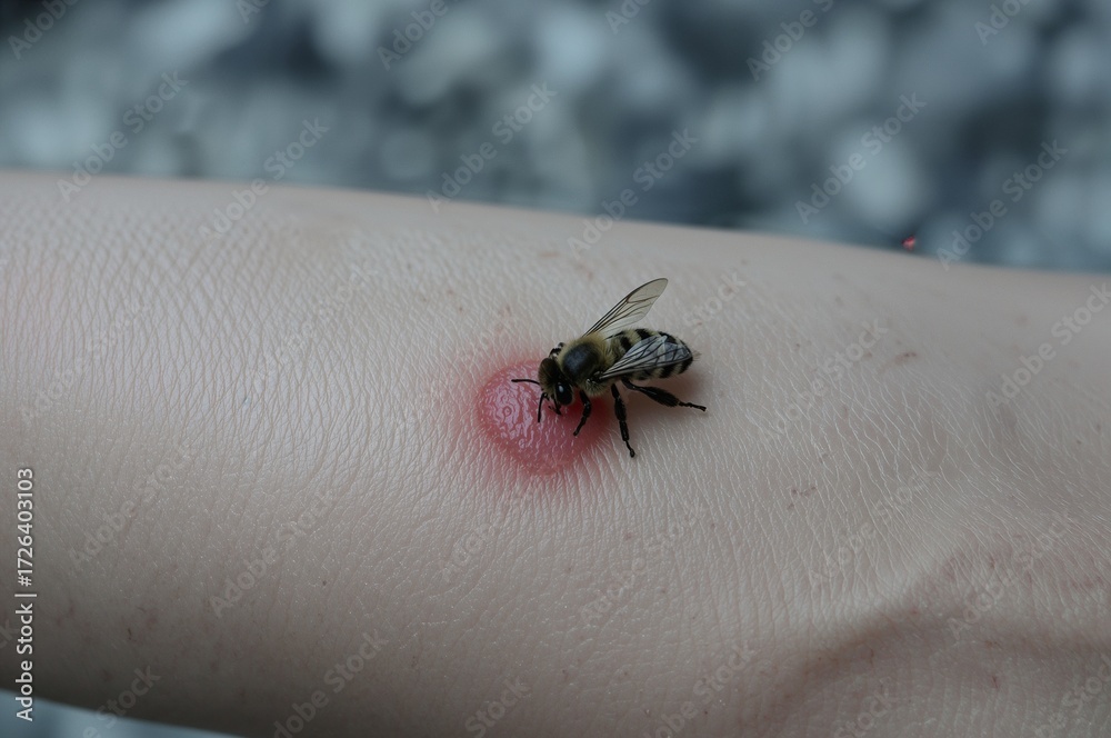 Obraz premium Bee sting on swollen hand with honeybee on skin closeup 