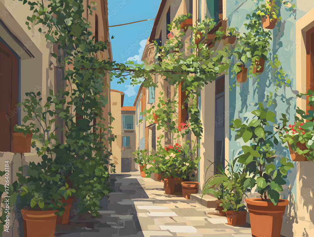 Fototapeta premium Vector illustration of a charming old-town lane, filled with vibrant plants, creating a picturesque scene