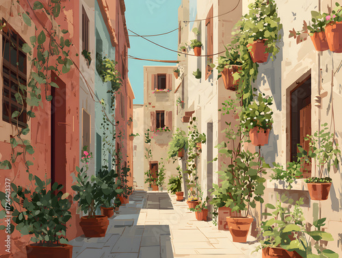 Vector illustration of a narrow old-town lane with potted plants, sunlit ambiance and urban charm
