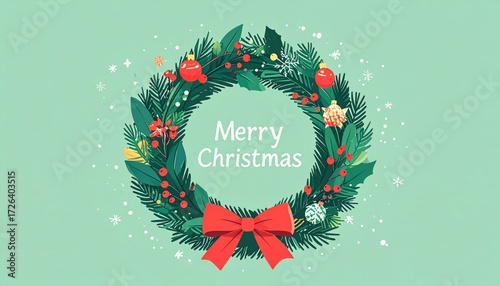 Festive Christmas wreath on a soft mint background