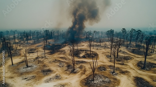 Deforestation wildfire smoke aerial landscape climate environmental haze drought forest land ash crisis destruction trees burn scars dry soil ecology pollution disaster