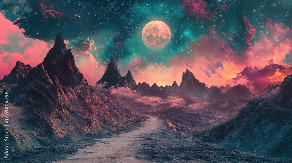 Fototapeta premium A celestial landscape with mountains under a starry sky and a bright moon