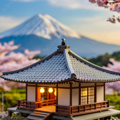 Japanese miniature building, in the middle of the garden, with cherry blossom and Mount Fuji in the background