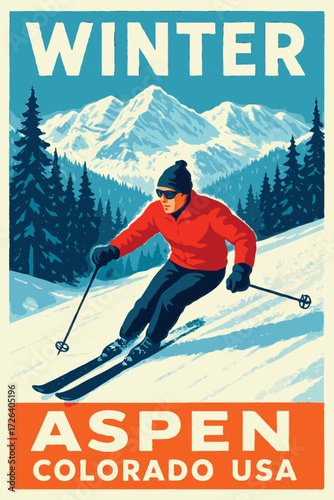 Winter Ski Poster of Aspen, Colorado: Vintage Mountain Scene with Skier in Orange Jacket