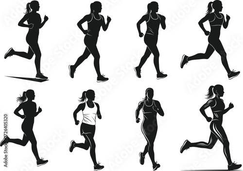 Running silhouette vector set, athletic woman poses, fitness motion illustration, sports activity clipart, black isolated runner design elements