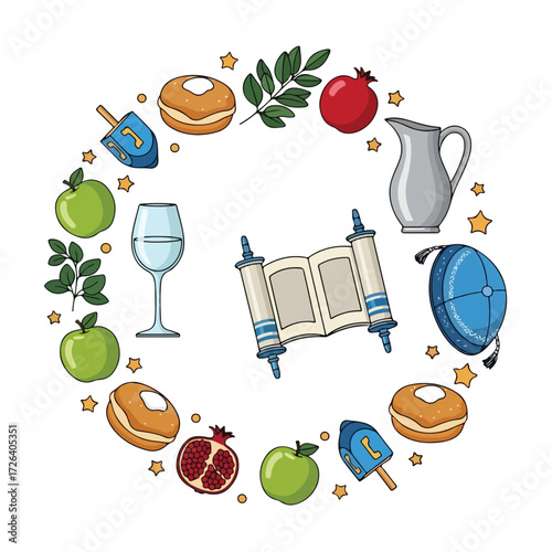 Circular design featuring Hanukkah symbols, including dreidels, donuts, apples, pomegranates, wine glasses, Torah scrolls, and kippahs.