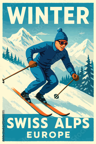 Vintage ski poster style featuring a skier in blue gear on snowy alpine slopes with majestic mountain peaks, evoking adventure, winter sports, and European travel.