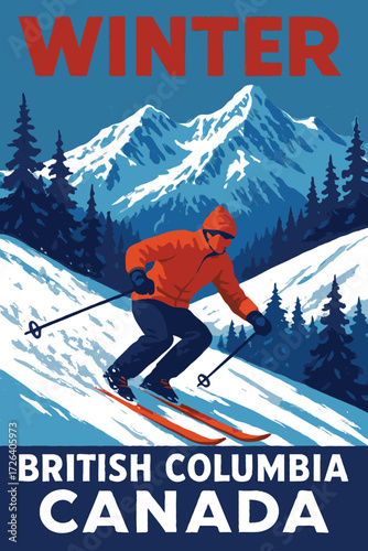 Winter Ski Adventure Poster Showcasing British Columbia Canada Vintage Travel Art