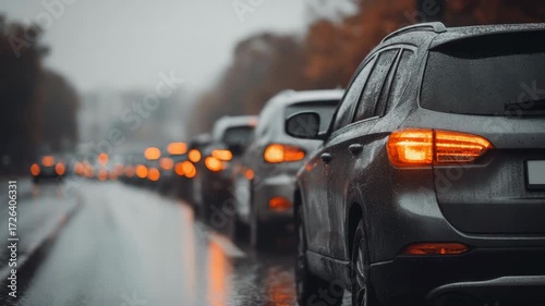 Cars with glowing brake lights in rainy traffic on wet road vehicle