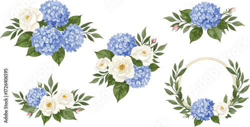 Watercolor hydrangea flower arrangements and wreath designs on transparent background