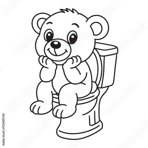 line art of a cartoon bear sits with his chin on the toilet bowl vector