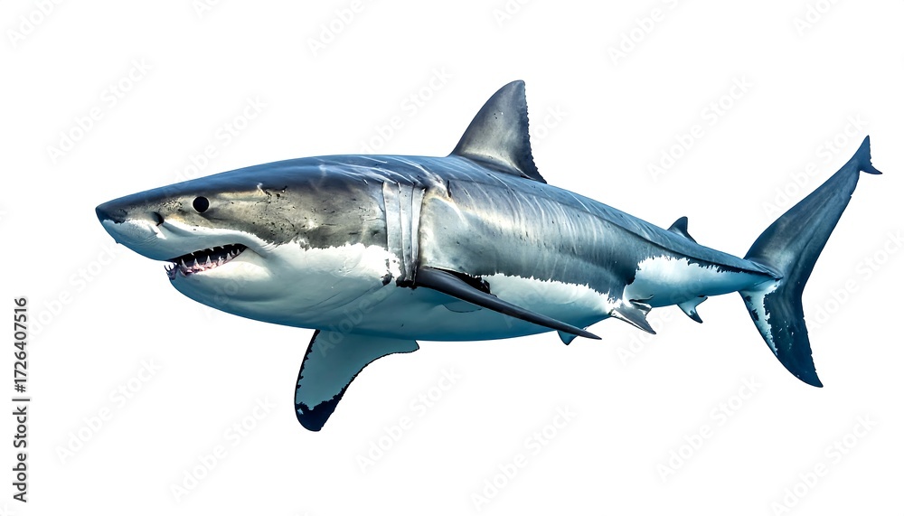 Naklejka premium A great white shark, isolated on white, displays its powerful physique and sharp teeth