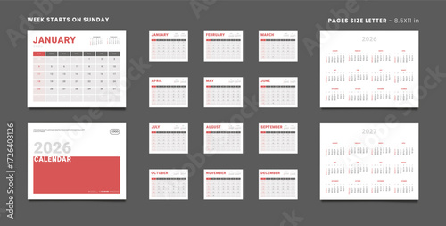 2026 Calendar Planner Set of Template Monthly Page, Cover with Place for Photo, Company Logo, Annual 2026-2027. Vector layout of wall or desk Calendar in print. Week start Sunday. Page Letter 8.5x11in