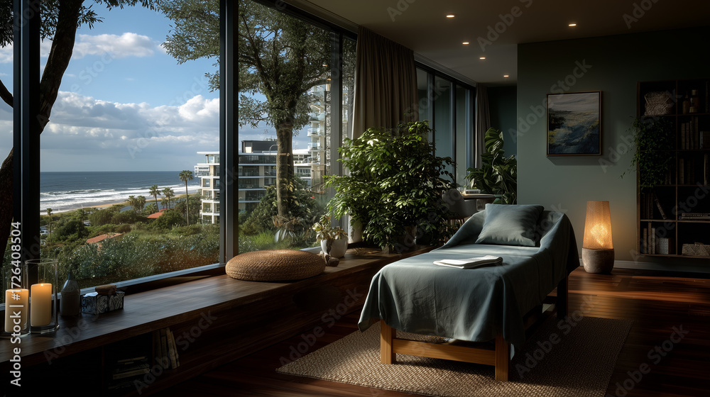Fototapeta premium Coastal Spa Interior with Floor-to-Ceiling Windows and Lush Greenery 