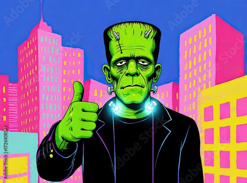 A cool Frankenstein monster gives a thumbs-up against a vibrant neon cityscape — retro, pop-art style illustration blending classic horror with urban energy and modern flair.