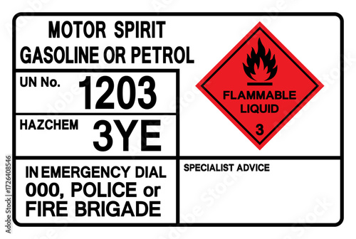 Motor Spirit Gasoline Or Petrol UN 1203 Symbol Sign, Vector Illustration, Isolate On White Background, Label.EPS10