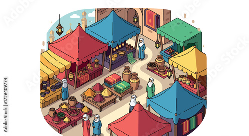 Colorful isometric illustration of a bustling marketplace with various stalls and people.