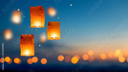 Magical night sky filled with glowing paper lanterns floating into dusk, creating a peaceful ambiance for celebrations and cultural traditions