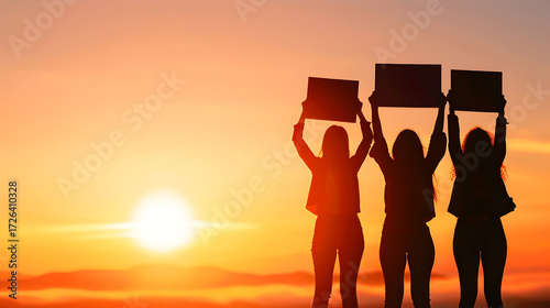 Empowered women silhouetted against a vibrant sunset, holding signs high for social change and inspiring hope for the future during protest