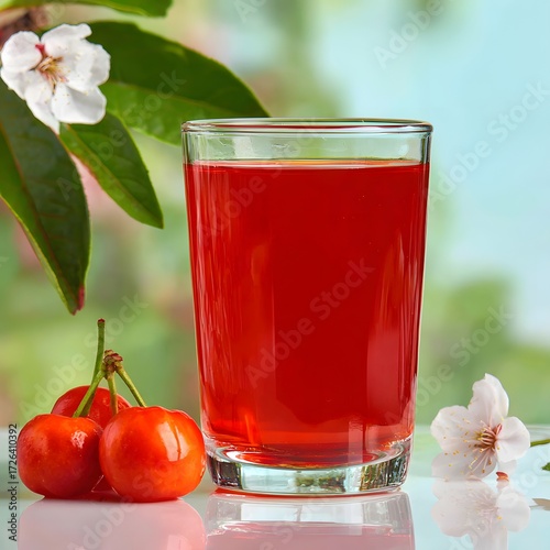 Acerola cherry juice in glass with vibrant red color, soft light and free upper margin for slogan