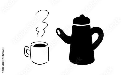 ポットとコーヒー_手描きイラスト_ベクター｜Pot and Coffee_Hand-Drawn Illustration_Vector
