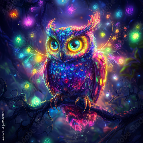 Vibrant owl with glowing neon feathers perched on branch, surrounded by whimsical colorful lights in magical night forest