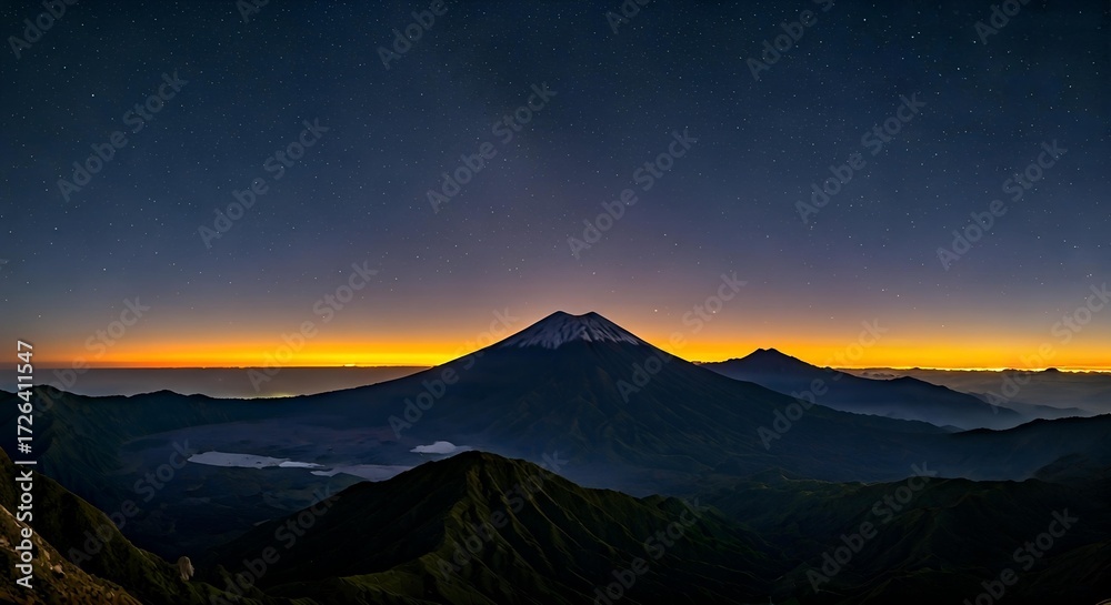 Obraz premium Stunning mountain landscape at dusk with vibrant sunset colors and starry night sky creating a breathtaking natural vista