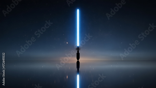 A glowing blue lightsaber stands upright on a reflective surface under a starry night sky.