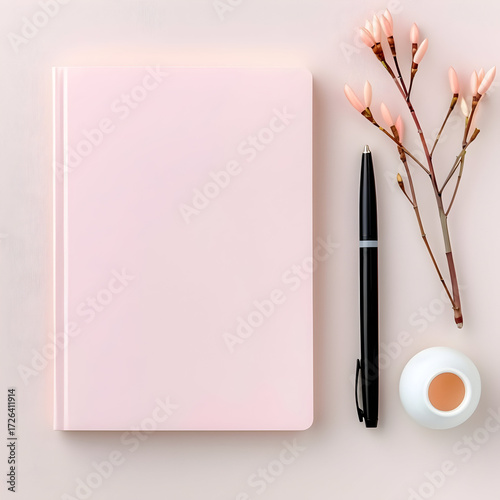 Elegant pink journal with pen and delicate blossom branch for creative writing, planning, or stylish office decor, perfect for lifestyle blogs and design