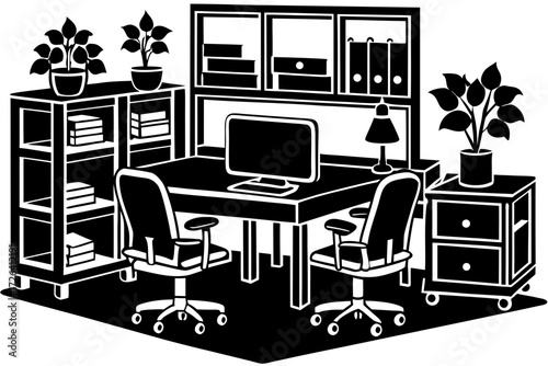 Vector art of office room vector illustration, workplace interior