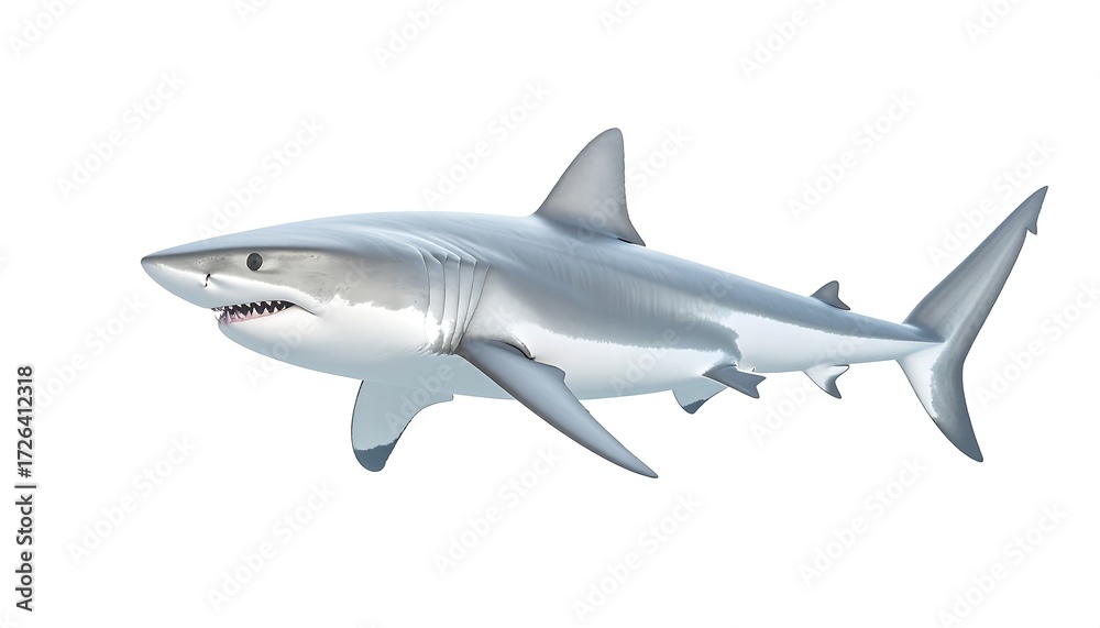 Fototapeta premium A great white shark swims, angled left, against a white background
