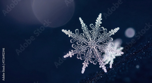 Ultra-Sharp Macro of a Single Snowflake on Deep Navy Background