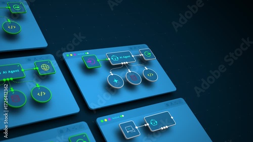 AI agent automation dashboard with workflow diagram, futuristic technology interface, looped animation